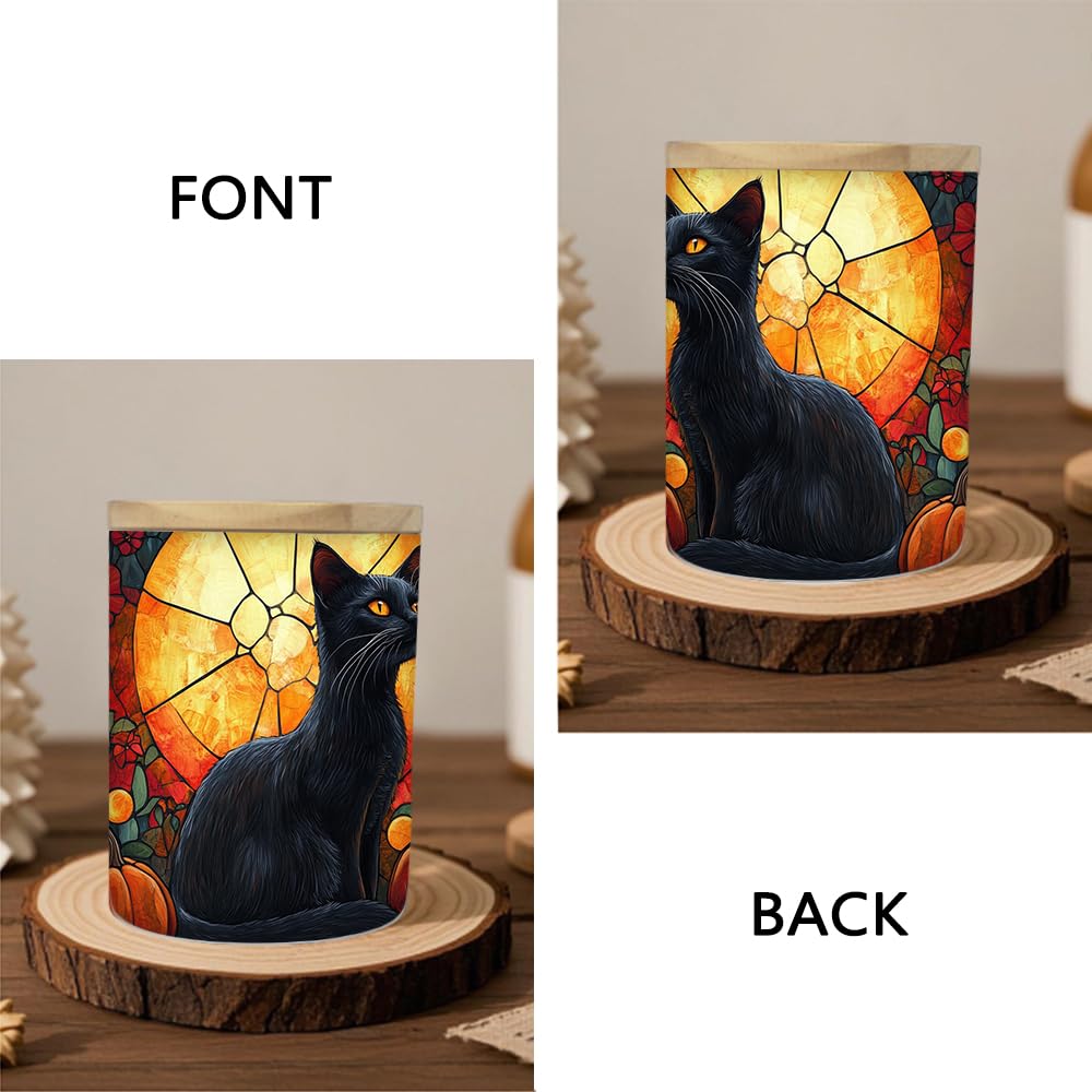 Black Cat Pumpkin Stained Glass Tealight Candle Holder, Halloween Decorations Candle Jar Tea Light Holder, Flowers Tealight Holders Candlesticks Gift for Halloween Christmas Thanksgiving, 3.5x2.8in