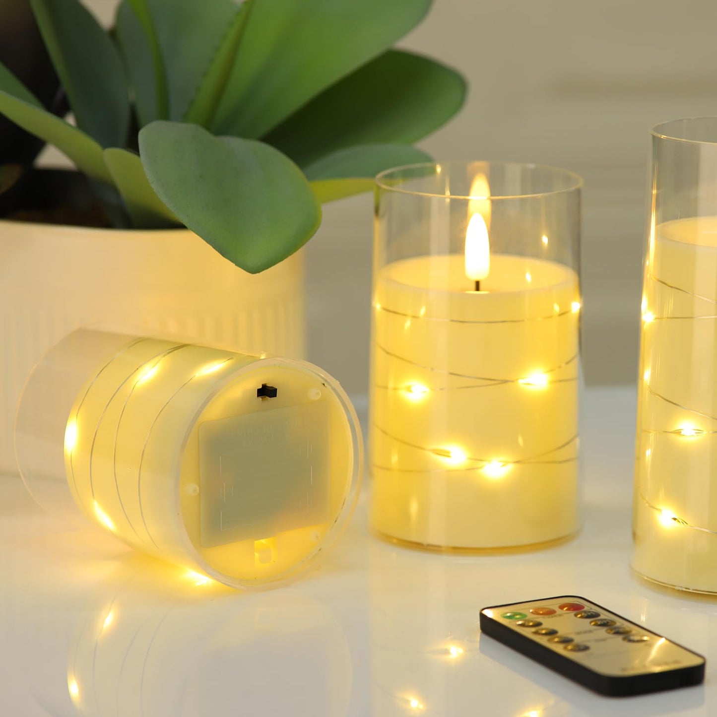 Flameless Candles, Battery Operated LED Candles with Remote and Timer Flickering Flameless Candle for Romantic Ambiance and Home Halloween Decor Durable Acrylic Shell with Embedded Star String