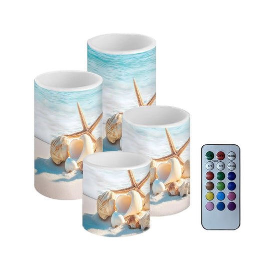Merkmak Shell Starfish Coastal Flameless Candles with 18-Key Remote Battery Operated Candles with Color Changing Timer Control LED Pillar Tea Lights for Patio Porch Beach Theme Home Decoration