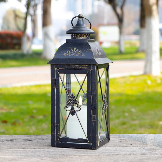 TRIROCKS Decorative Hanging Lantern 16'' High Vintage Metal Candle Holder with Tempered Glass Perfect for Living Room Garden Yard Patio Parties Events Indoors Outdoors (Black)