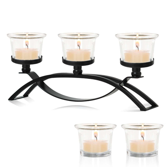 3-Arm Metal Tea Light Candle Holder Set with 5 Glass Cups, Votive Candle Holders Centerpiece Candelabra for Wedding Table Decor, Home Gatherings and Holidays (Black, 5 Cups)
