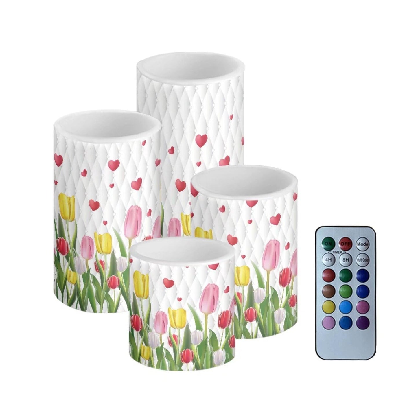 NEITLGEN Happy Easter Day Decor Flameless Candles with Remote, Flickering Battery LED Pillar Candles Set of 4, Easter Tulips Flowers Print