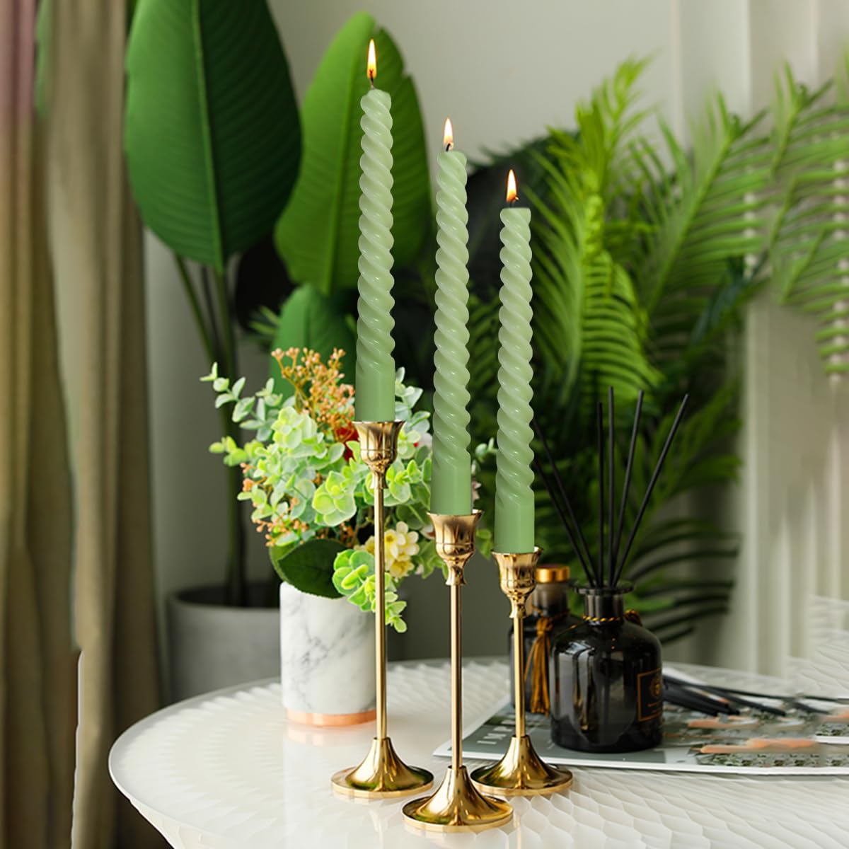 20 Pack 10 Inch Sage-Green Spiral Taper Candles for Christmas and Spring Home Decoration, Unscented Dripless Twisted Candlesticks for Dinner St. Patrick's Day Earth Day and Garden Parties