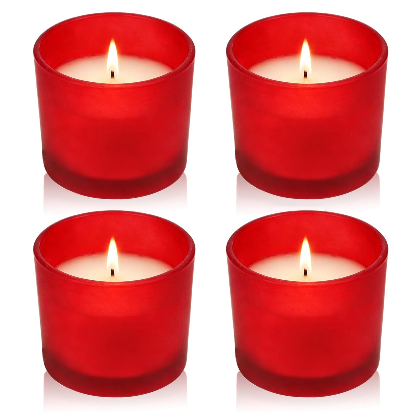 Set of 4 White Unscented Soy Candles, Red Glass Filled Votive Candles, Hand Poured Wax Candle for Home Décor Aromatherapy Spa Holidays Party and Weddings