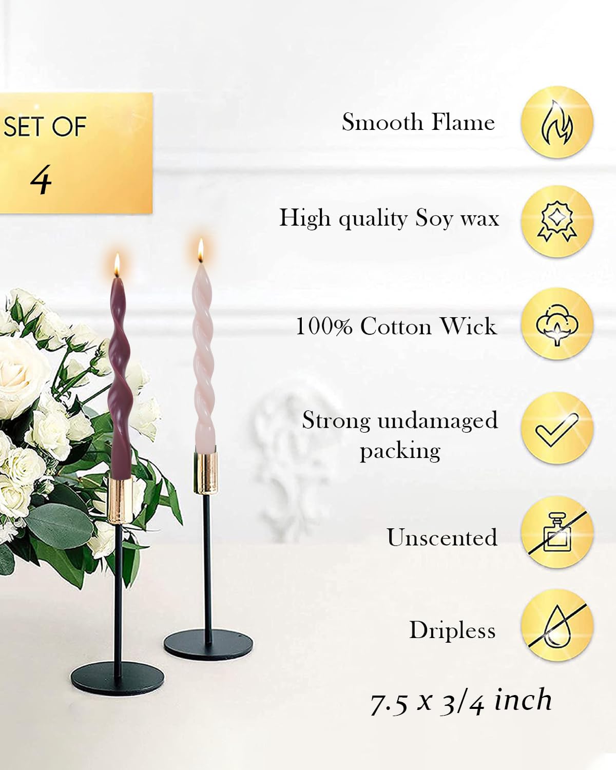 Pink Spiral Taper Candles Short Candle Sticks Unscented Smokeless Twisted Candlesticks for Christmas Table Decor Holiday Dinner Party-7.5inch-4pack