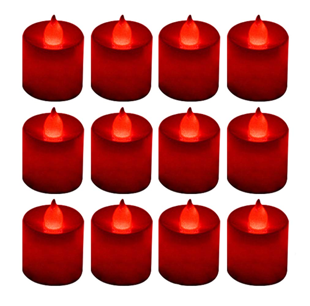 LANKER 12 Pack Red Flameless Led Tea Lights Candles, Flickering Long Lasting Battery Operated Electronic Fake Candles, Decorations for Wedding, Halloween and Festival Celebration (Red)
