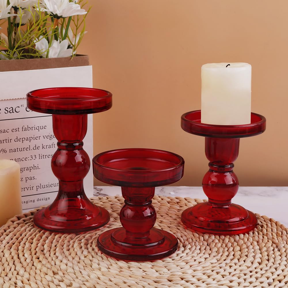 BTGLLAS 3-Piece Set of Red Glass Candlestick, Crystal Candlestick Holder Holder and Conical Candle, Christmas Candle Holder Decoration, Family Living Room Wedding Candle Holder (red1set)