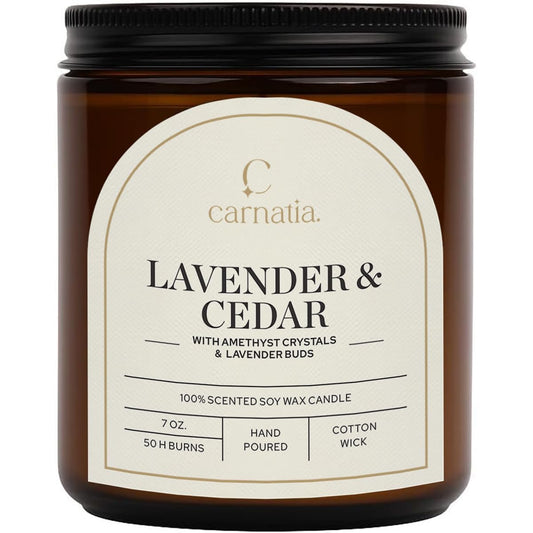 Carnatia Lavender & Cedar Scented Candle – 7 oz | 100% Soy Wax with Cotton Wick | 50 Hour Burn | Aromatherapy Candle for Home, Calm Focus & Relaxation | Gift for Women & Men