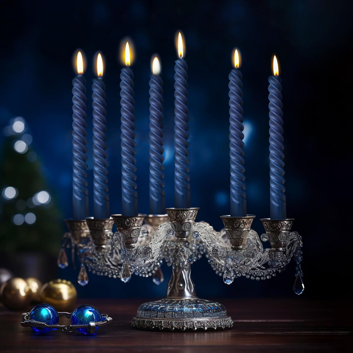 6 Pack 10 Inch Navy-Blue Spiral Taper Candles for Hanukkah and Winter Home Decoration, Unscented Dripless Twisted Candlesticks for Dinner Beach-Themed Decor Relaxation and Meditation