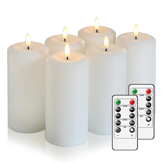 Hinabichan Flameless Candles Battery Operated with Remote and 2/4/6/8 H Timer, 6pcs Flickering Fake Electric Candles for Festival Wedding Home Party Decor (D3 x H 6") (White)