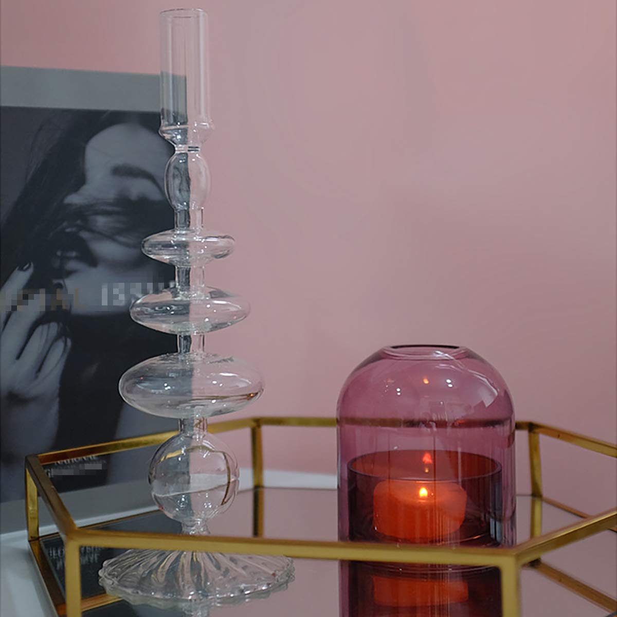 LKXHarleya Glass Candlesticks Holders, Retro Glass Candle Holder for Taper Candle Table Centerpiece Wedding Party Home Decoration, Transparent