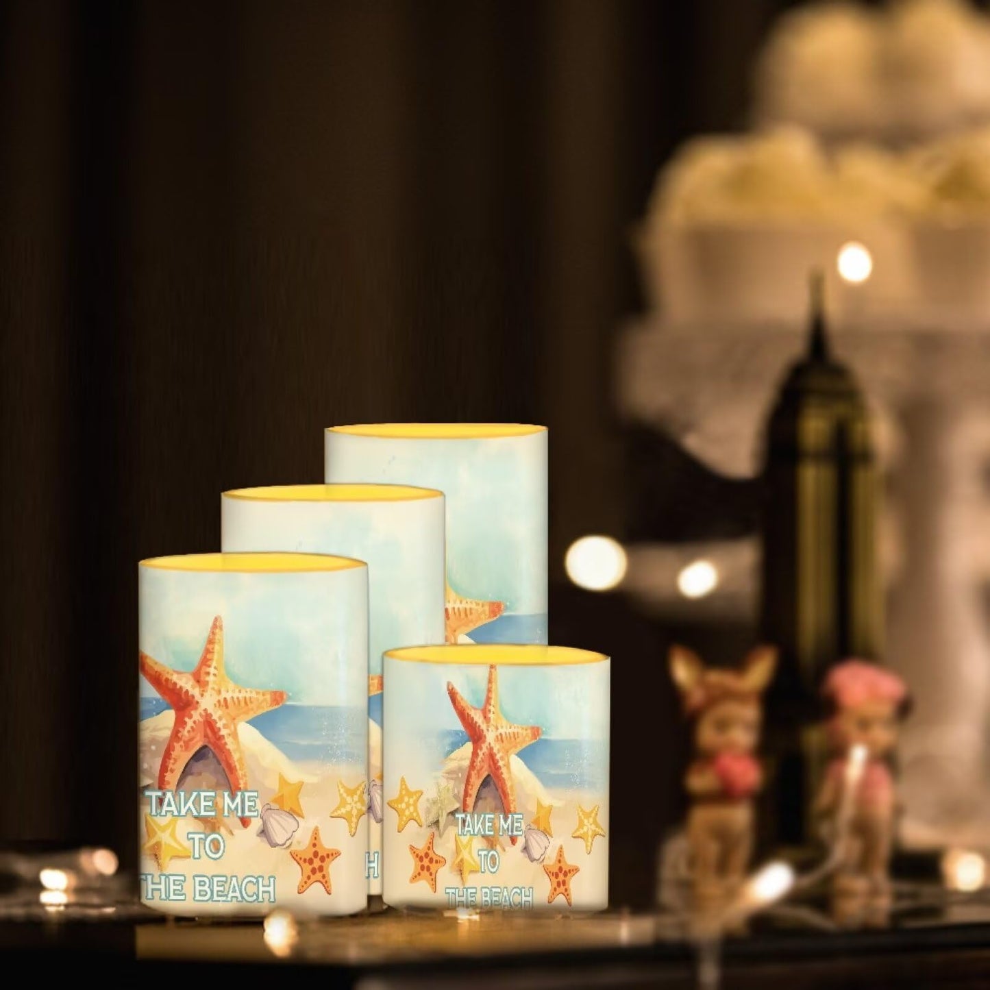 Merkmak Pack of 4 Starfish Flameless Candles with Remote Battery Operated Candles with Timer Flickering LED Elictric Pillar Tealights for Indoor Outdoor Beach Wedding Coastal Home Decorations