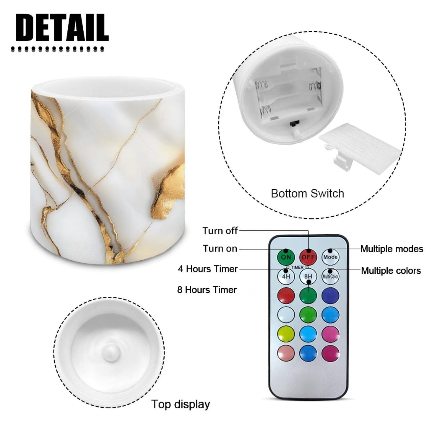 NETILGEN 3 inch Decorative LED Candles Flameless Candles with Remote Control Timer Set of 4 Battery Operated Candles for Home Party Decor White Golden Marble Print