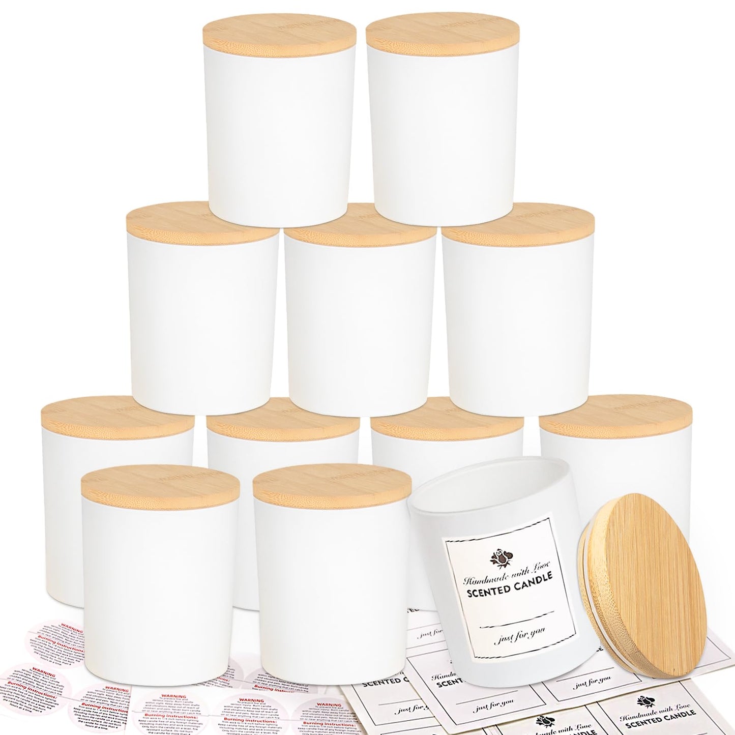 CONNOO 12 Pack 10 OZ White Glass Candle Jars for Making Candles with Airtight Bamboo Lids Nice Sticky Warning Labels for Candle Making Empty Container Bulk - Dishwasher Safe