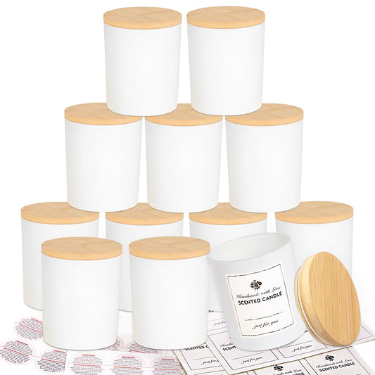 CONNOO 12 Pack 10 OZ White Glass Candle Jars for Making Candles with Airtight Bamboo Lids Nice Sticky Warning Labels for Candle Making Empty Container Bulk - Dishwasher Safe