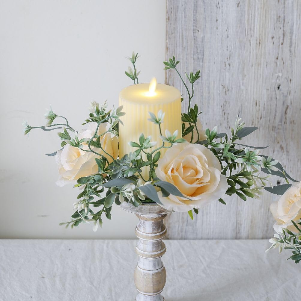 Youshe 4 Pcs Artificial Rose Candle Ring, Valentine's Day Candle Rings Wreaths Mini Floral Garland Wedding Table Pillar Centerpiece for Xmas Home Farmhouse Party Candle Holder Décor (Champagne)