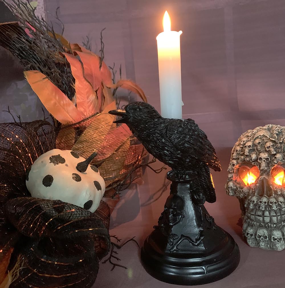 Gothic Decor Halloween Raven Candle Holder Crow Statue – Witchy Occult Home Décor,Skull Spooky Tabletop Furniture(Raven)