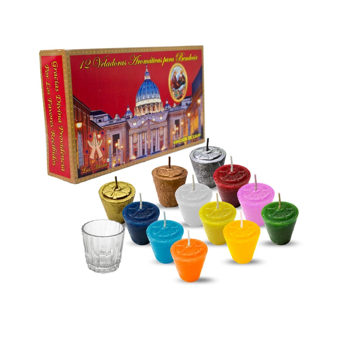 Docenera Divina Providencia | 12-Piece Scented Votive Candles | Colors | Deluxe Edition with Petition Box | New Year