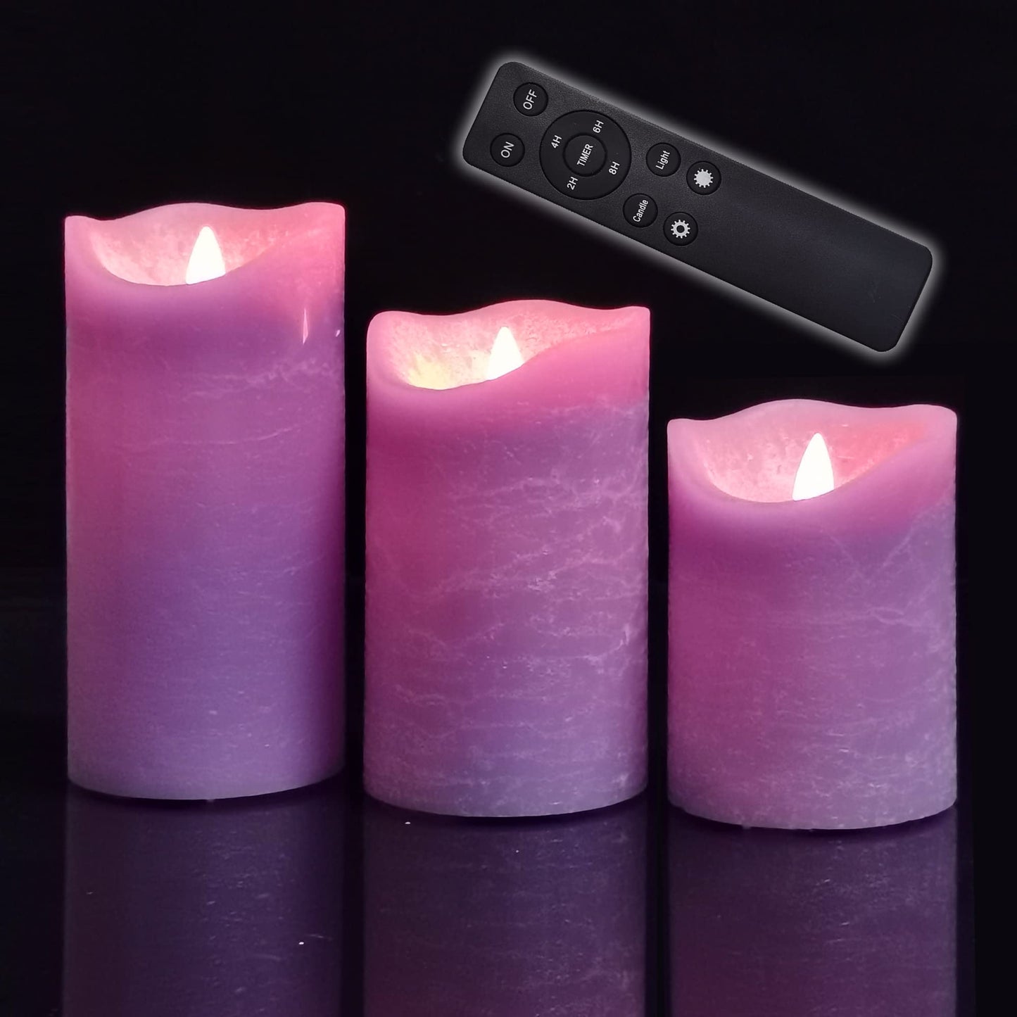 iZAN 3 Pack Real Wax Flameless Candles Battery Operated LED Pillar Flickering Realistic Electric Candle Gift Sets with Remote Control and Cycling 24 Hours Timer 3”D X 4" 5" 6" H (Purple)