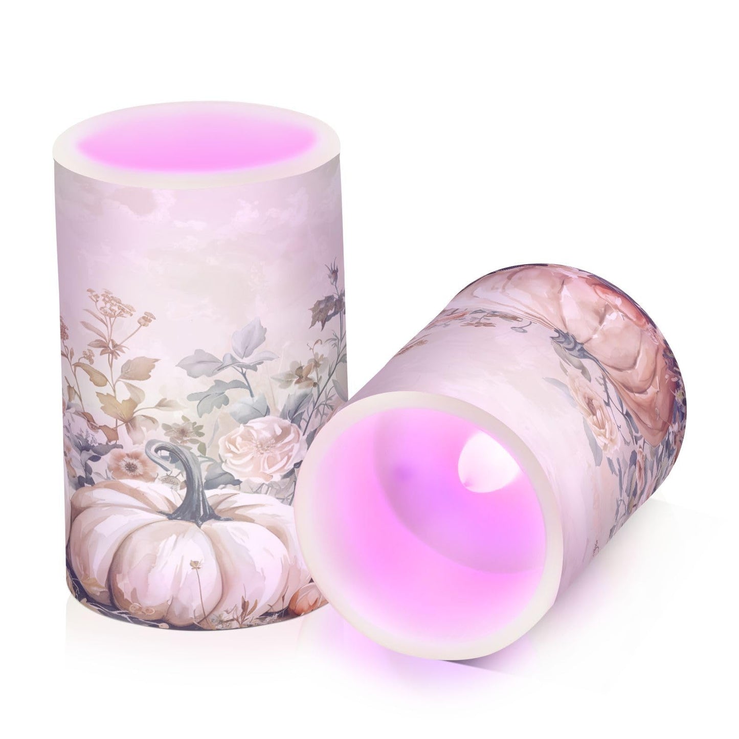 ALAZA Autumn Pink Pumpkins Floral Flickering Flameless Candles Battery Operated with Remote Timer,Tea Light Candles LED Pillar Votive Candles Set of 2 for Outdoor Indoor Decorations