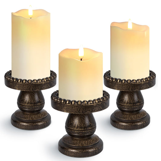 Small Candle Holder for Pillar Candle Set of 3, Farmhouse Wood Candle Holder, Rustic Wooden Candle Stand, Vintage Candle Stand Decorative for Living Room, Table Centerpiece, Black Gold