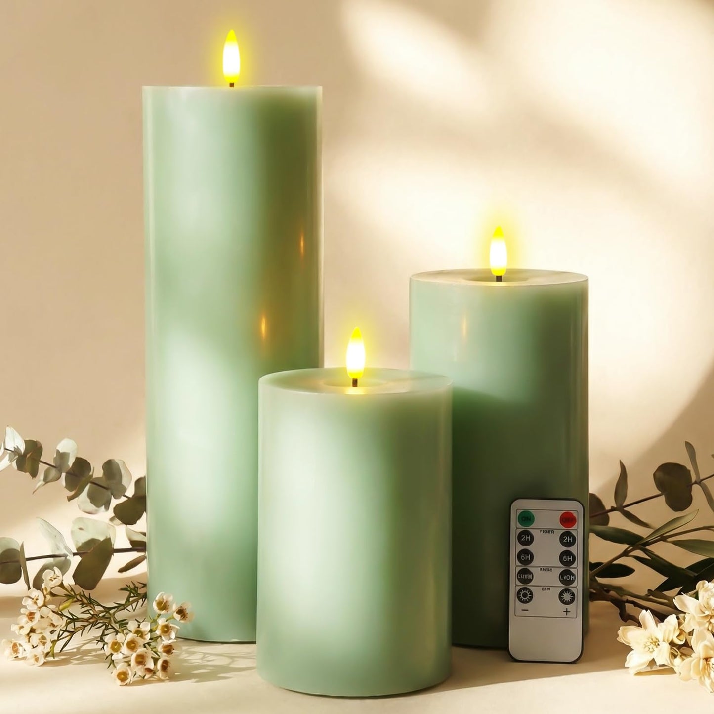 Retisee 3 Pcs Large Flameless LED Battery Operated Candles with Remote and Timer Spring Real Wax Flickering Candles for Indoor Outdoor Party Wedding Lights Decorations, Sage Green