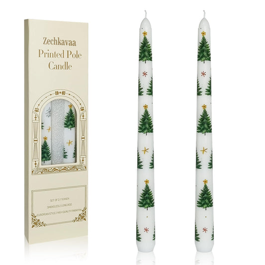 Floral Taper Candles 10 Inch Tall Unscented Handmade Christmas Trees Print Long Burning Elegant Candlesticks for Holiday Decor Gifts