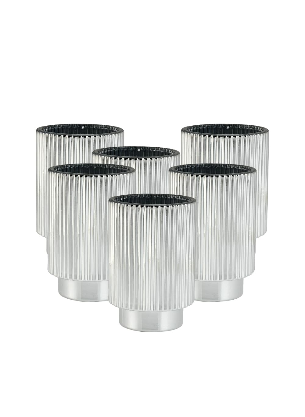 Serene Spaces Living Silver Ribbed Pedestal Glass Votive Holder, Table Centerpiece, Home, Office, Wedding, Birthday, Holiday & Special Events Decor, 3.5" Diameter & 5" Tall, Pack of 24