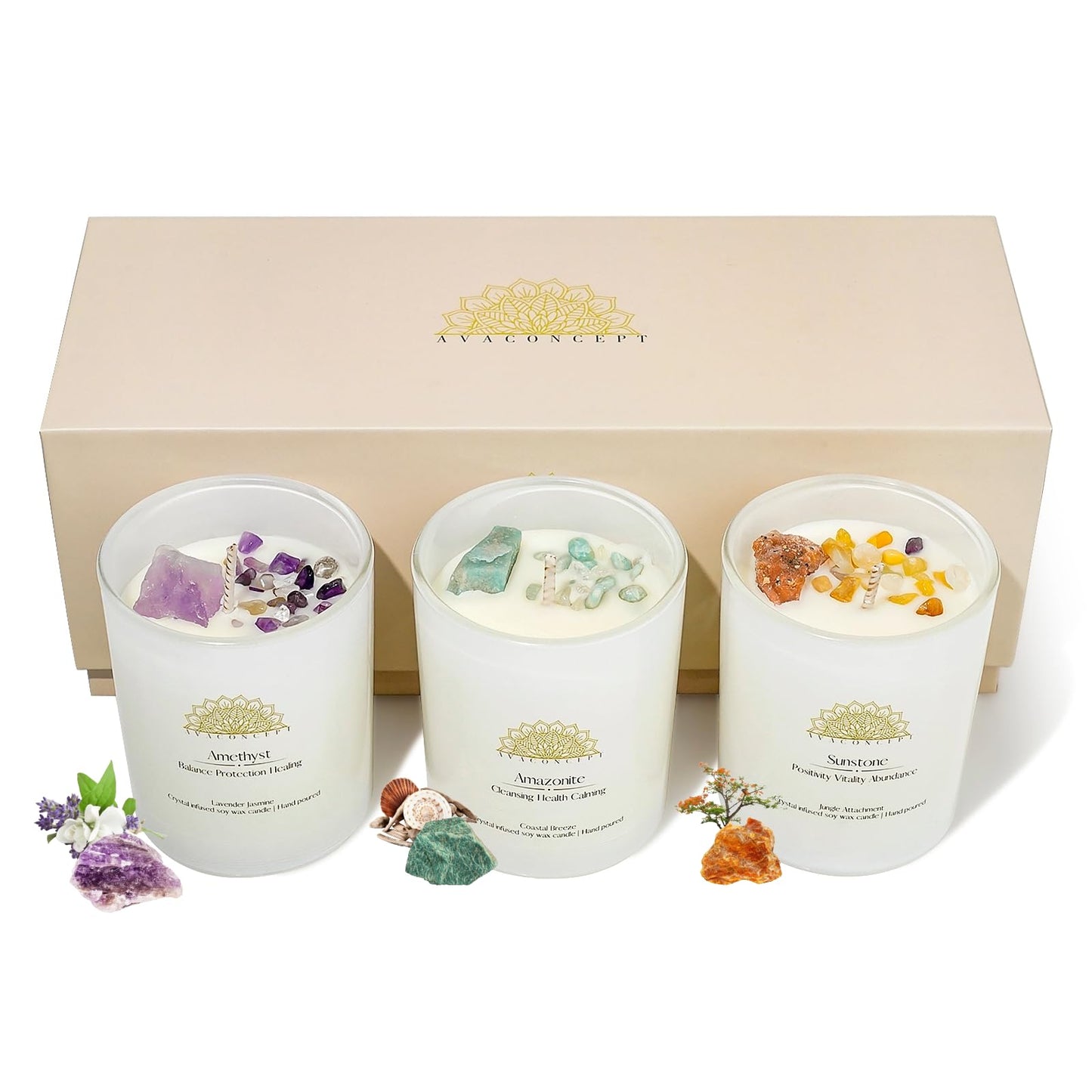 AvaConcept Healing Crystal Candle Gift Set – Set of 3 Amethyst, Amazonite & Sunstone Hand-Poured Soy Wax Lavender Jasmine, Coastal Breeze & Jungle Attachment Aromatherapy 3.5oz Each | Premium Gift Box