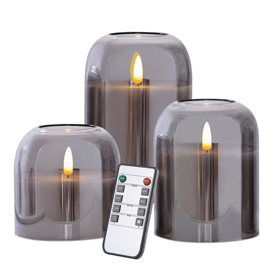 volnyus Grey Glass Flameless Candles with Remote Set of 3 Battery Operated Flickering LED Pillar Candles Real Wax Wick Φ 4"" H 4"" 5"" 6"", Gray