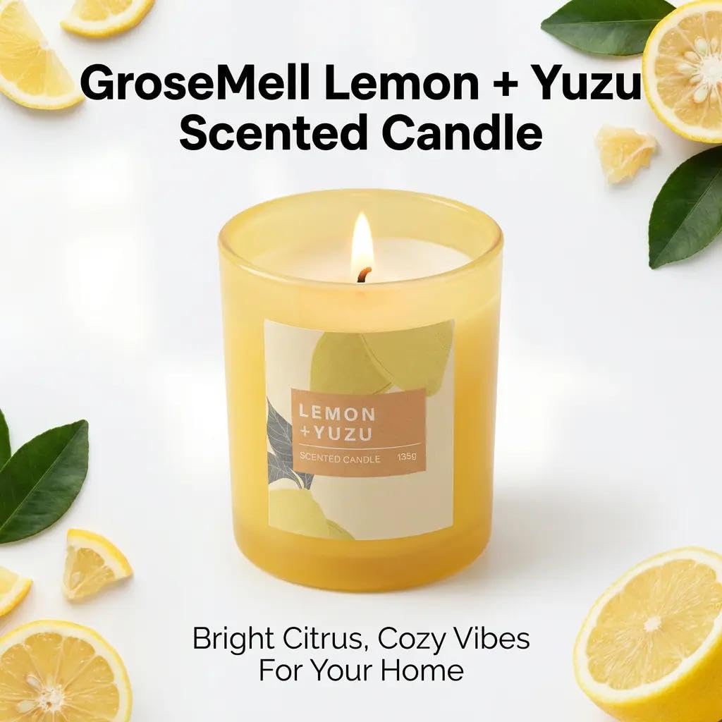 GroseMell Lemon Scented Candle – 4.76 oz (135g) Natural Soy Wax, 30-Hour Clean Burn, Elegant Glass Jar, Home Fragrance & Thoughtful Gift for Home (Lemon)