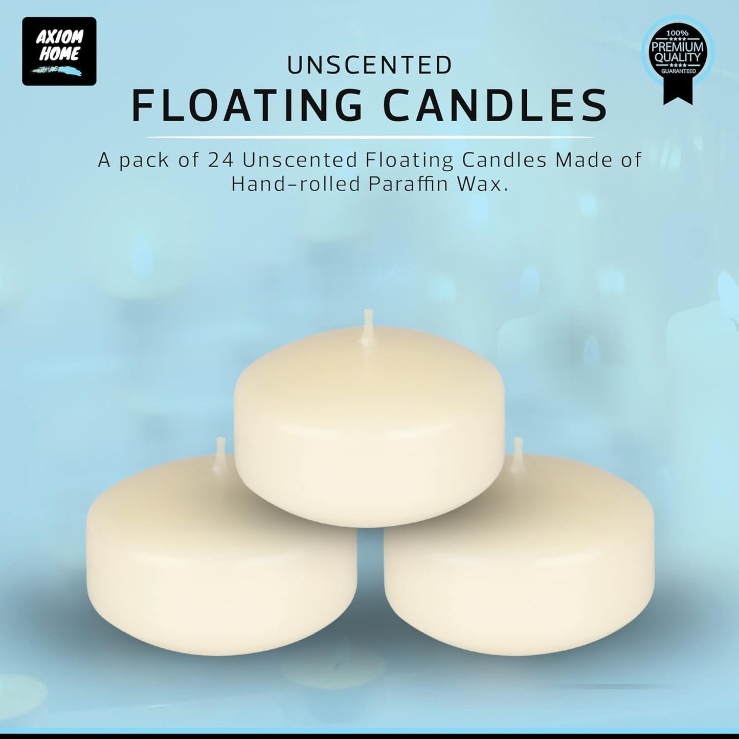 Axiom - Ivory Floating Candles (24-Pack) - 2 inch floater for Centerpieces - Hand-Rolled Paraffin, Cotton Wicks, 4-Hour Clean Burn - Unscented, Dripless Water Candles for Weddings, Parties, Home Decor