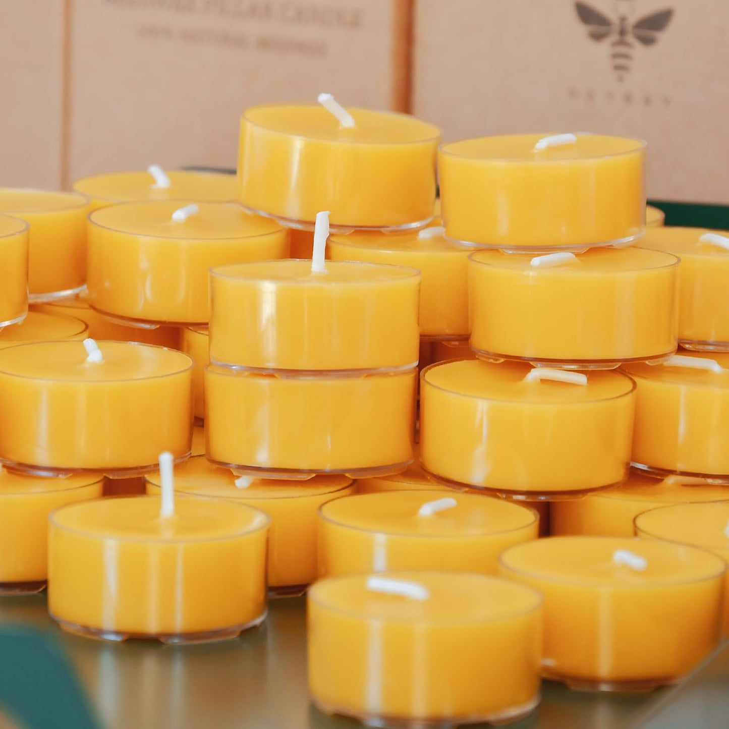DEYBBY Natural Beeswax Tealight Candles 200 Pack, Unscented Small Beeswax Candles Bulk in Clear Cup, 4-5 Hours Burn Tea Light Candles for Home Decor Emergency Bath Relaxation (Yellow)