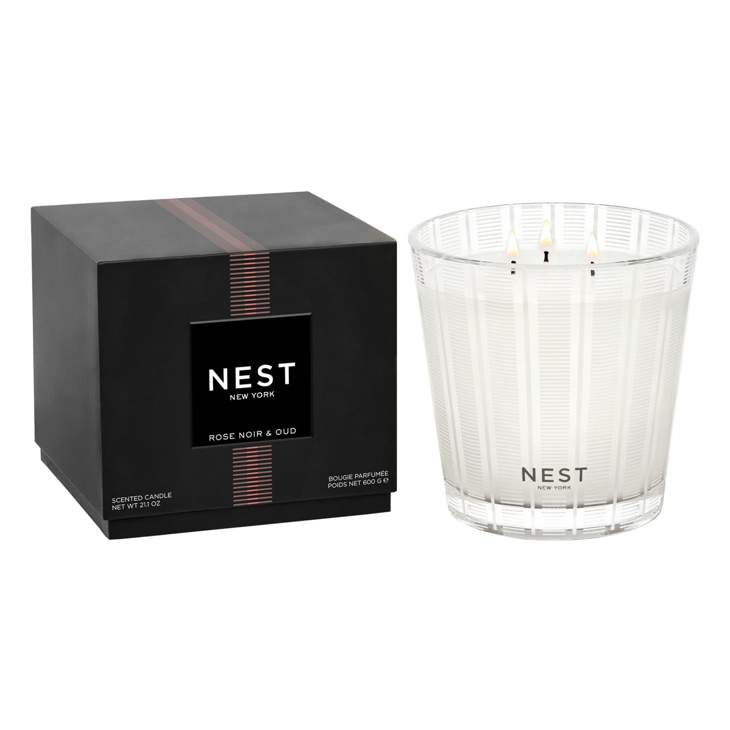 NEST New York Scented 3-Wick Candle, Rose Noir & Oud - 21.2 oz - Up to 100-Hour Burn Time - Reusable Glass Vessel