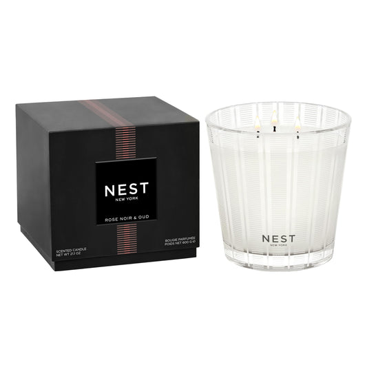 NEST New York Scented 3-Wick Candle, Rose Noir & Oud - 21.2 oz - Up to 100-Hour Burn Time - Reusable Glass Vessel