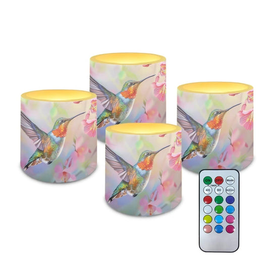 NETILGEN Flameless Candles with Remote Control and Timer Pack of 4 Color Changing Battery Operated LED Pillar Candles for Home Decoration Spring Floral Hummingbird