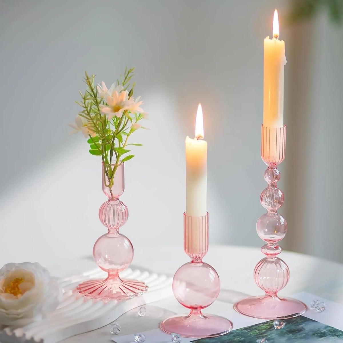 Mineaud 3Pcs Glass Candlestick Holders Glass Taper Candle Holders Groovy Wavy Elegant Candle Stick for Home Party Decoration,Pink