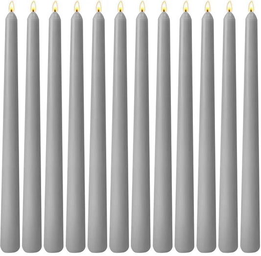 10-Inch Gray Taper Candles, 12 Pack Unscented and Dripless Candlesticks, Long-Lasting Burn Time of 7-8 Hours, Perfect for Home Décor, Weddings, and Events
