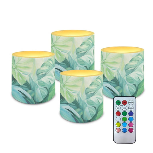 NETILGEN 3 inch Flameless LED Candles with Remote Timer Set of 4 Home Decorative Realistic Flickering Flameless Candles Battery Operated Green Tropical Palm Leaf Print