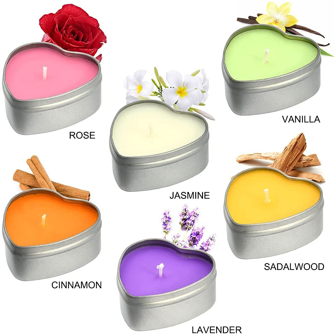 DEYBBY Jasmine Scented Soywax Tealight Candles, White Heart Shaped Aromatherapy Candles Gifts Tins for Women, Mother, Wife, Lover (Pack of 6)