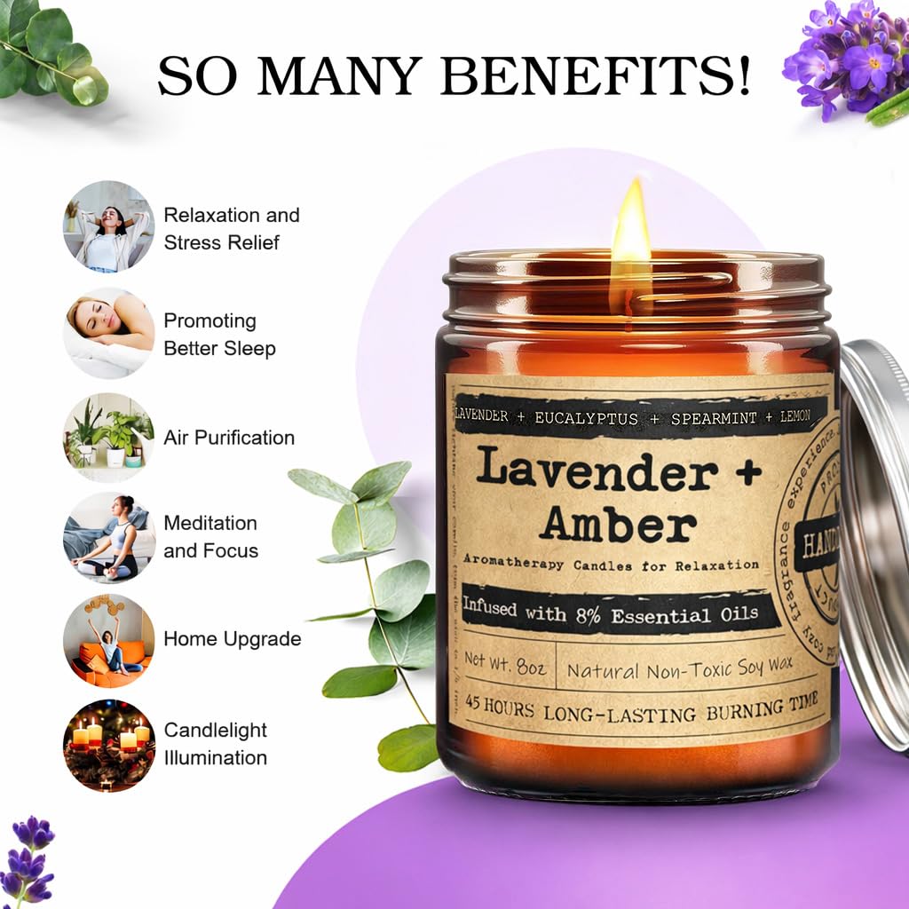 KOTKAS Amber Lavender Eucalyptus Candles for Home Scented - Aromatherapy Soy Candles Non Toxic Calming Candle Gifts for Women Relaxation Stress Relief Soothing Yoga Meditation Spa Bath Relaxing, 8oz