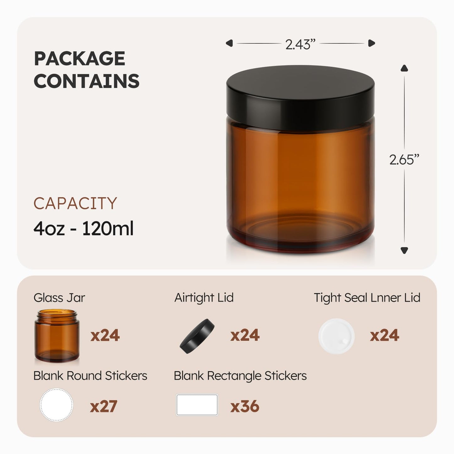 4 oz Glass Jars with Lids, 24 Pack Amber Small Glass Jars with Black Lids Leakproof Round Airtight Empty Cosmetic Travel Containers with Inner Liners For Lotions Powders and Candle Making