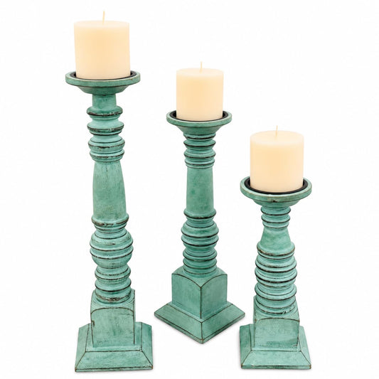 Wooden Pillar Candle Holders Set of 3, 18'' 15'' 12'' Farmhouse Wood Candle Stand for Table Centerpieces, Vintage Tall Candleholders Fireplace Mantel Decor for Living Room,