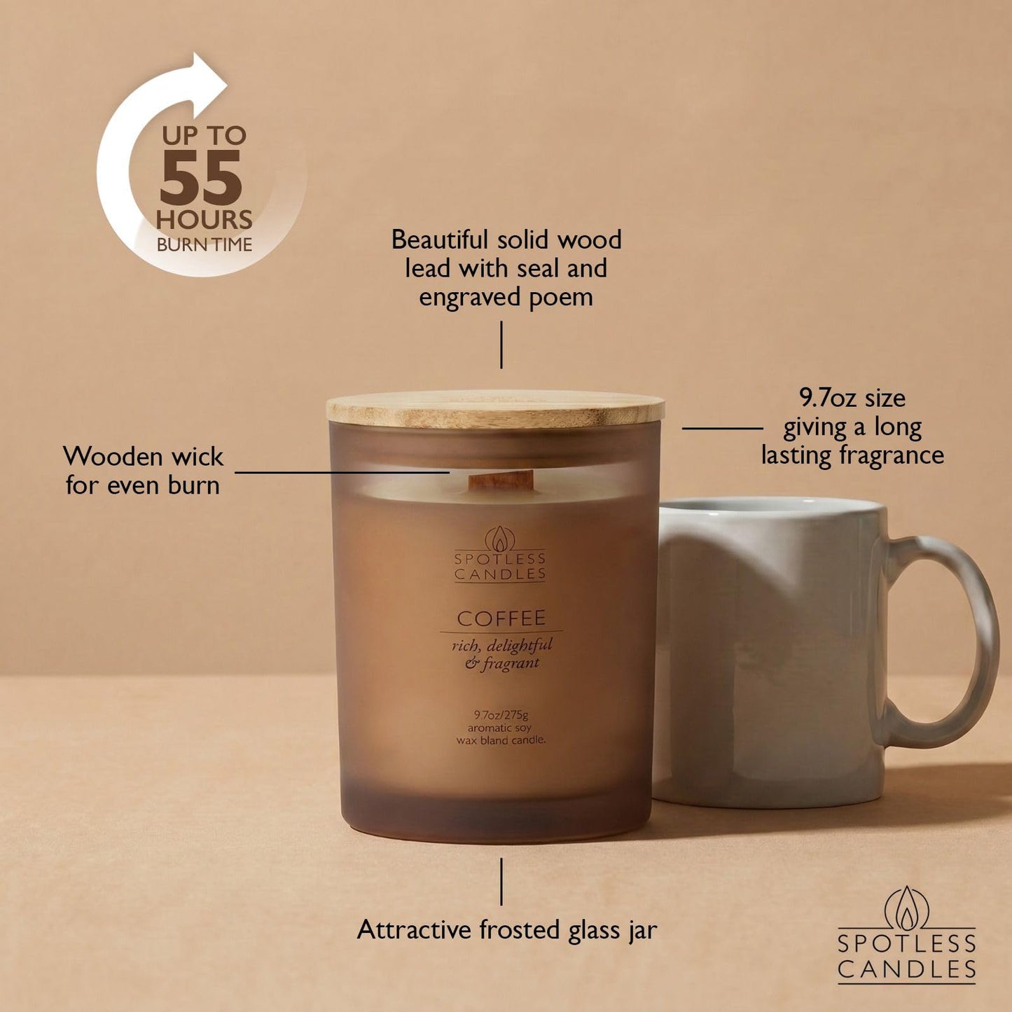Coffee Candle; 9.7oz, 55 Hrs Burn Time, Soy Wax Brown Frosted Jar with Crackling Wooden Wick & Luxury Gift Box with Gold Foil Strip: Coffee Scented Candle by Spotless Candles