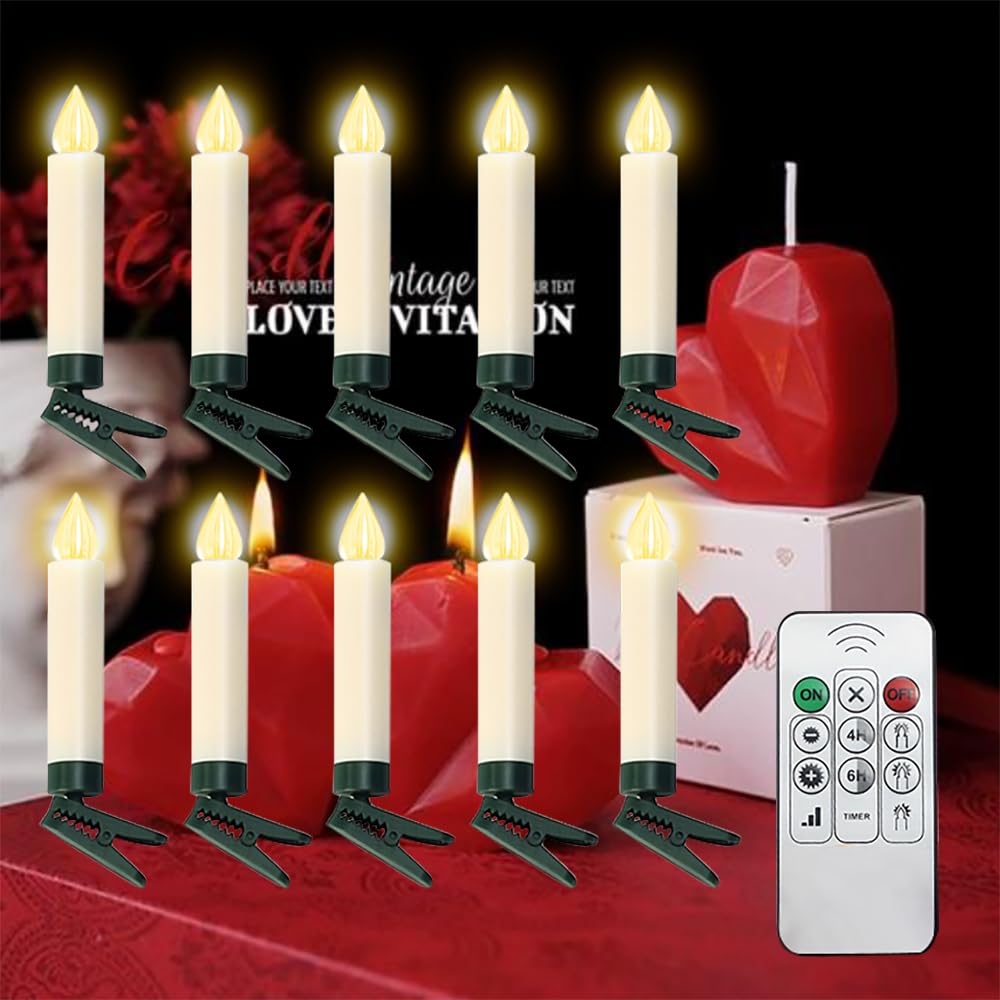 LUREASY 10 PCS Flameless LED Taper Candles Battery Operated clip on candles for Christmas Tree Candle Lights Electric Fake Candles with Remote Timer Perfect for Holiday Home Garden Wedding Parties Dec