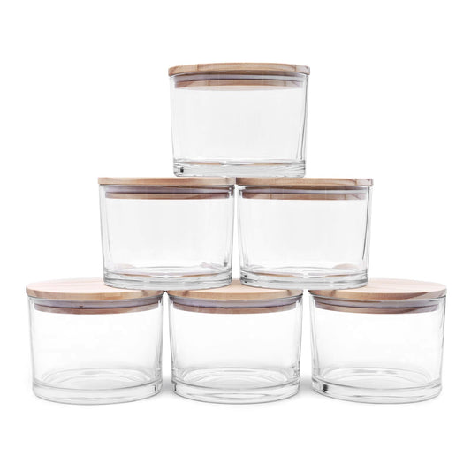 SHOWIN 18 OZ Thick Candle Jars for Making Candles 6 Pcs, Empty Jars with Wood Lids for Candle Making, Sample Container,Clear