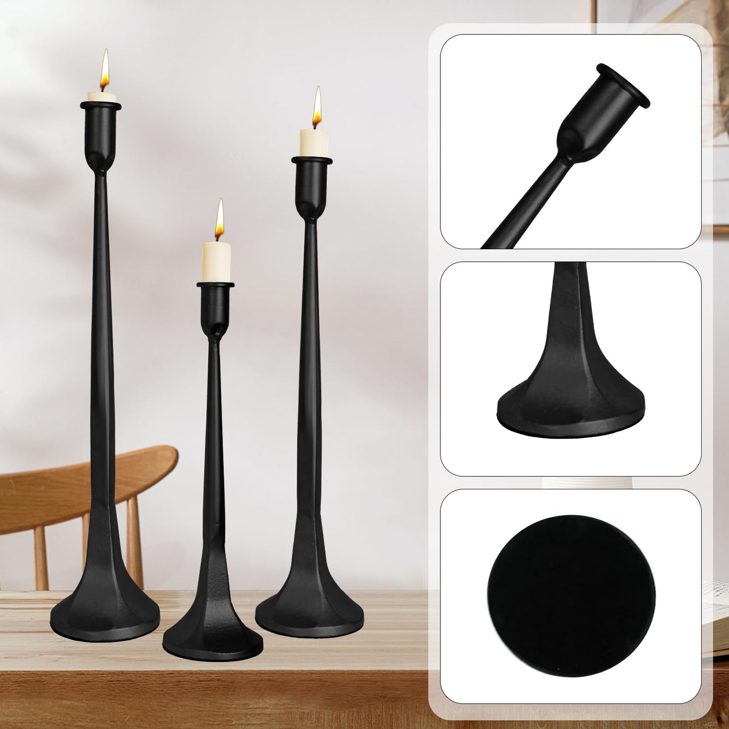 Iron Taper Candle Holders Set of 3, Black Metal Candlestick Holders for Taper Candles, Tall Decorative Candle Stands for Wedding Centerpieces, Dining Table, Mantel & Home Decor (Black, 12" 14" 15.5")