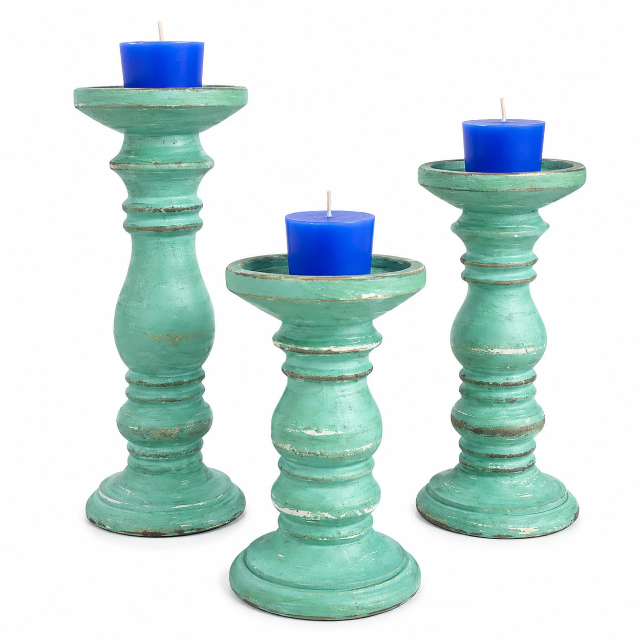 Wooden Pillar Candle Holders Set of 3, Pillar Candles,Gifts for Wedding,Party,Home, Candle Gardens Gifts - 10 Inch, 8 Inch, and 6 Inch (Green)