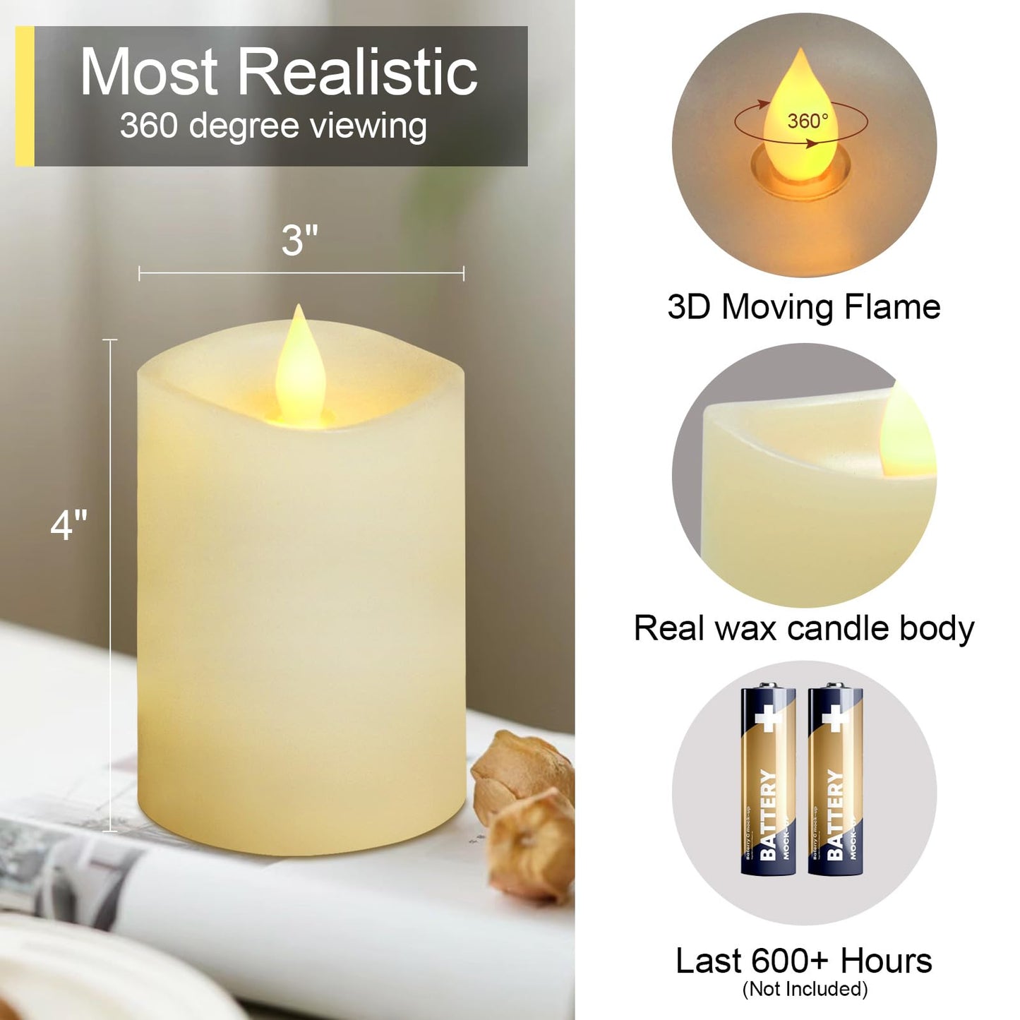 3x4 Flickering Flameless Candles Set of 2, 2AA Battery Life 600 Hours Battery Candles Flickering with Timer,4 inch Flameless Candles with Remote for Indoor/Outdoor, Ivory