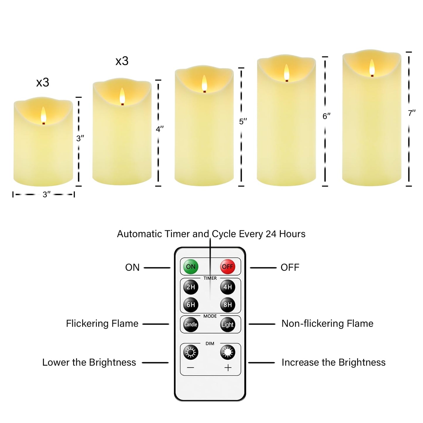 Nimiko Flameless Candles with Remote, Battery Operated Flickering Flameless Candles, LED Candles with Timer 2/4/6/8H, with Realistic LED Candles Set of 9 (D3 x H 3" 4" 5" 6" 7") (Ivory)